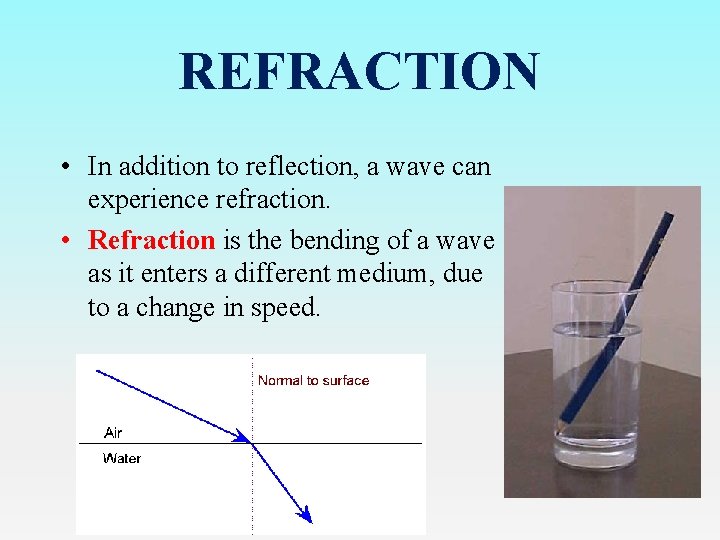 REFRACTION • In addition to reflection, a wave can experience refraction. • Refraction is