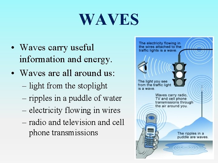WAVES • Waves carry useful information and energy. • Waves are all around us: