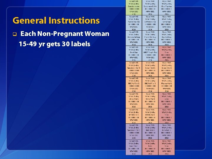 General Instructions q Each Non-Pregnant Woman 15 -49 yr gets 30 labels 