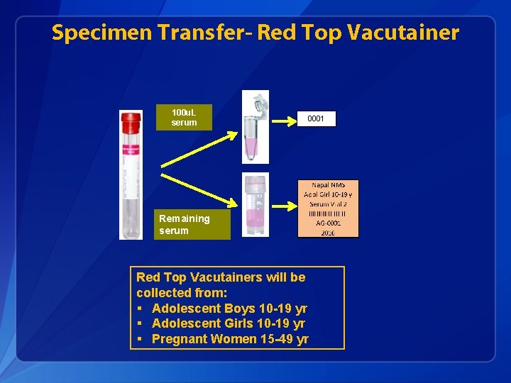 Specimen Transfer- Red Top Vacutainer 100 u. L serum 0001 Remaining serum Red Top