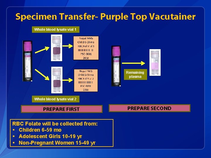 Specimen Transfer- Purple Top Vacutainer Whole blood lysate vial 1 Remaining plasma Whole blood