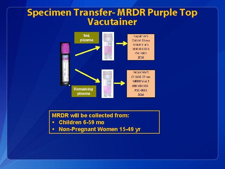 Specimen Transfer- MRDR Purple Top Vacutainer 1 m. L plasma Remaining plasma MRDR will