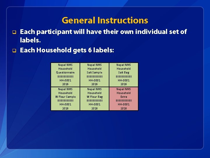 General Instructions q q Each participant will have their own individual set of labels.