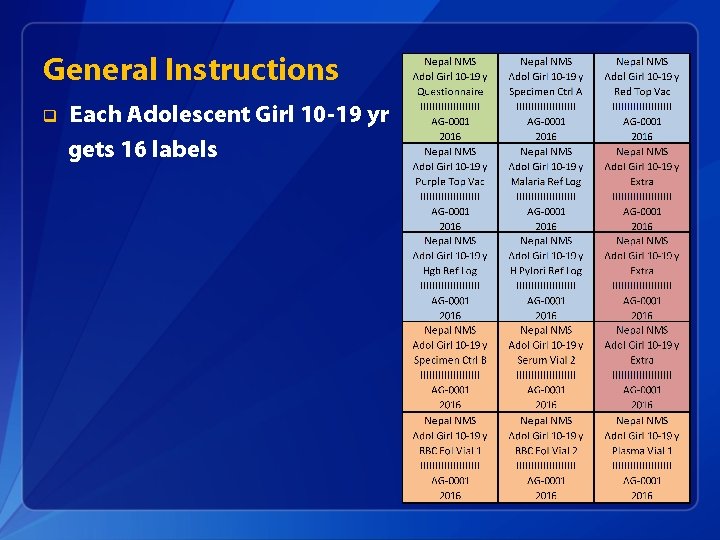 General Instructions q Each Adolescent Girl 10 -19 yr gets 16 labels 