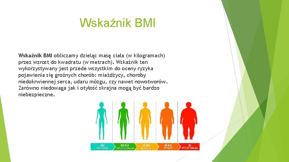 Wskaźnik BMI obliczamy dzieląc masę ciała (w kilogramach) przez wzrost do kwadratu (w metrach).