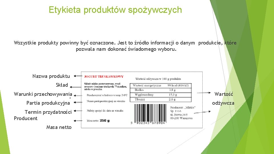 Etykieta produktów spożywczych Wszystkie produkty powinny być oznaczone. Jest to źródło informacji o danym