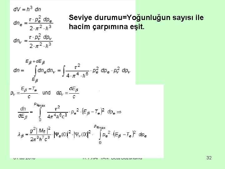 Seviye durumu=Yoğunluğun sayısı ile hacim çarpımına eşit. 01. 03. 2010 H. Y. KAPTAN Beta