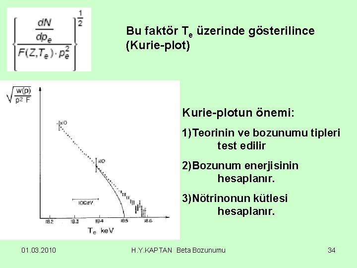 Bu faktör Te üzerinde gösterilince (Kurie-plot) Kurie-plotun önemi: 1)Teorinin ve bozunumu tipleri test edilir