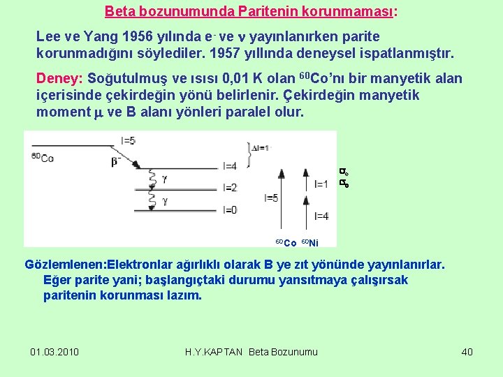 Beta bozunumunda Paritenin korunmaması: Lee ve Yang 1956 yılında e- ve yayınlanırken parite korunmadığını