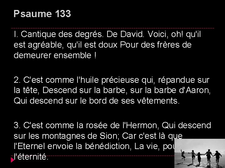 Psaume 133 I. Cantique des degrés. De David. Voici, oh! qu'il est agréable, qu'il