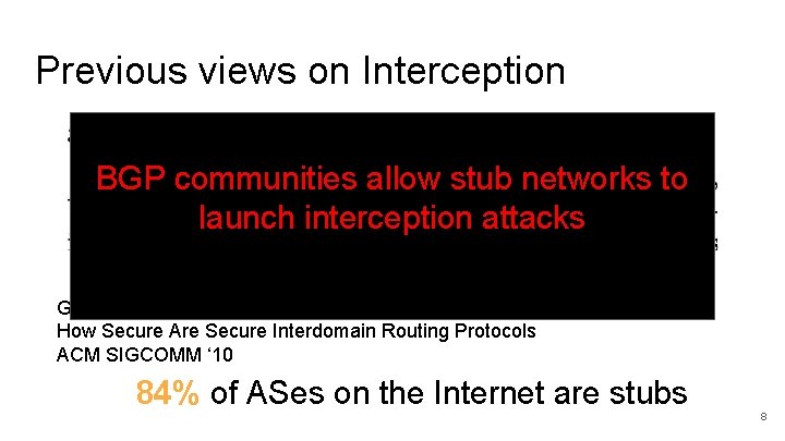 Previous views on Interception BGP communities allow stub networks to launch interception attacks Goldberg