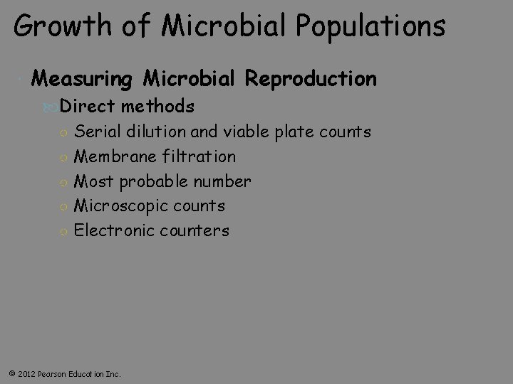 Growth of Microbial Populations Measuring Microbial Reproduction Direct methods ○ Serial dilution and viable