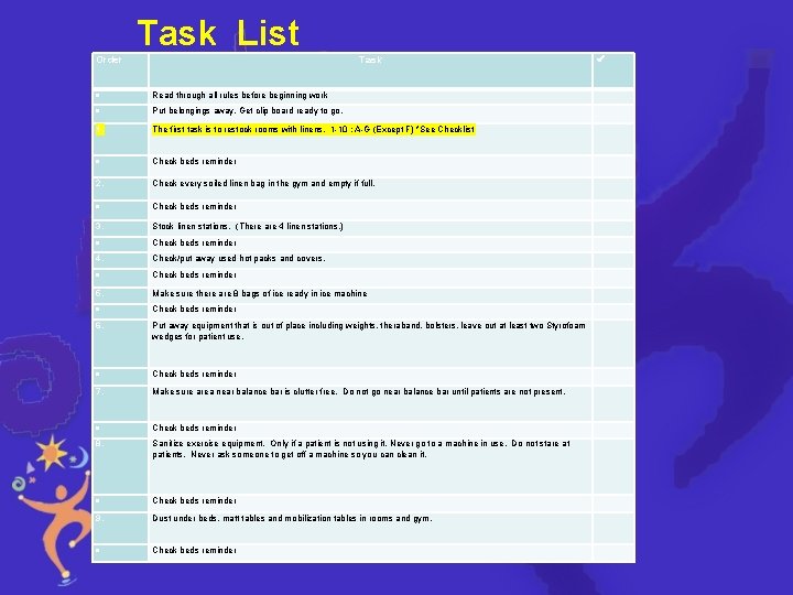 Task List Order Task Read through all rules before beginning work Put belongings away.