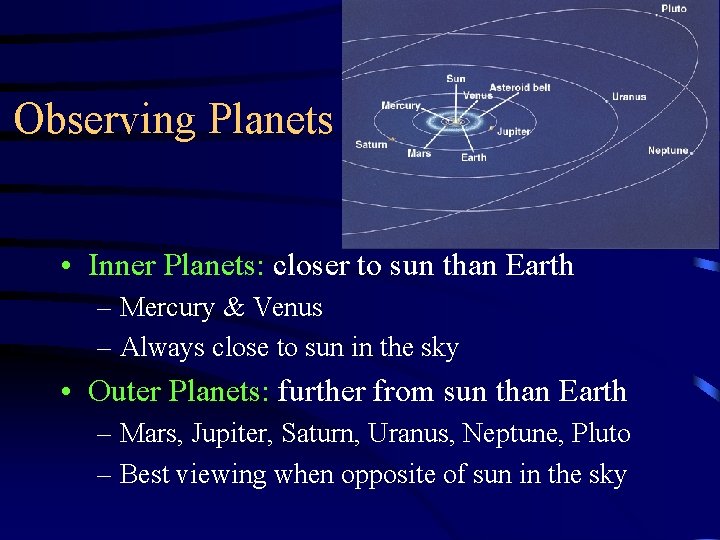 Observing Planets • Inner Planets: closer to sun than Earth – Mercury & Venus