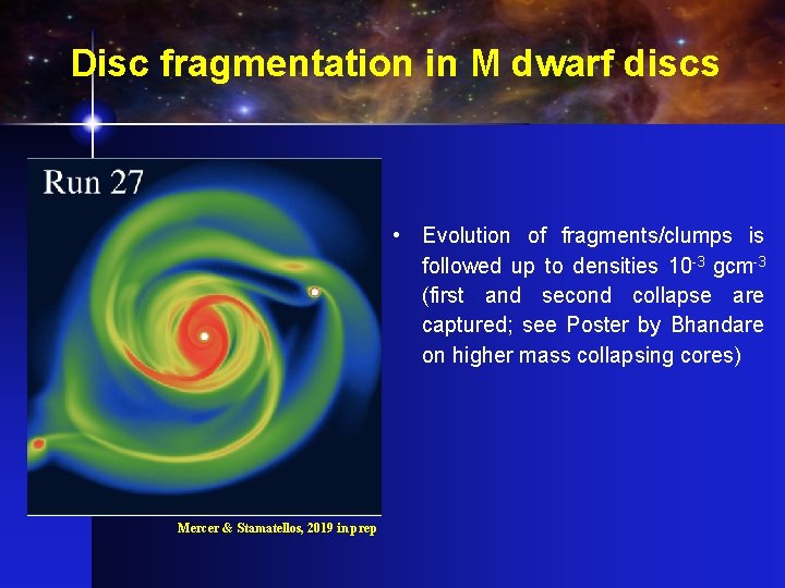 Disc fragmentation in M dwarf discs • Evolution of fragments/clumps is followed up to