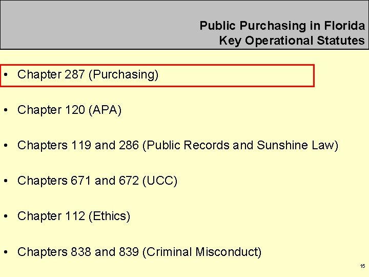 Public Purchasing in Florida Key Operational Statutes • Chapter 287 (Purchasing) • Chapter 120