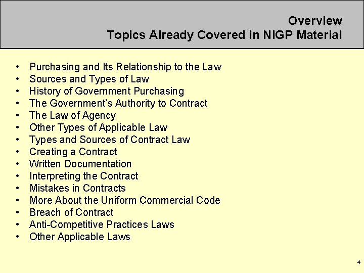 Overview Topics Already Covered in NIGP Material • • • • Purchasing and Its