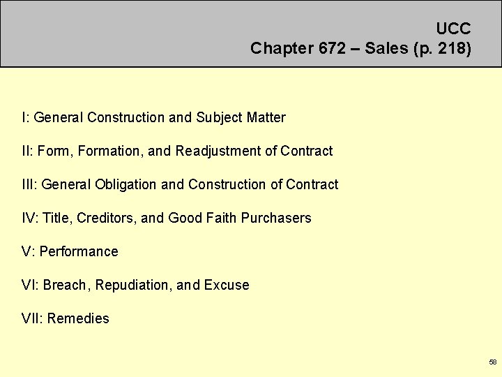 UCC Chapter 672 – Sales (p. 218) I: General Construction and Subject Matter II: