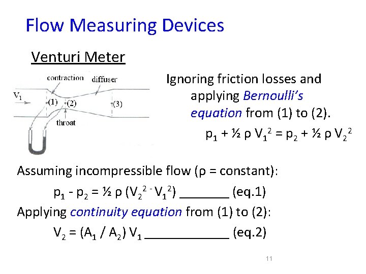 Flow Measuring Devices Venturi Meter Ignoring friction losses and applying Bernoulli’s equation from (1) Flow Measuring Devices Venturi Meter Ignoring friction losses and applying Bernoulli’s equation from (1)