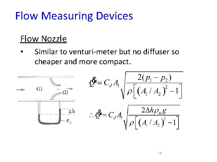 Flow Measuring Devices Flow Nozzle • Similar to venturi-meter but no diffuser so cheaper Flow Measuring Devices Flow Nozzle • Similar to venturi-meter but no diffuser so cheaper