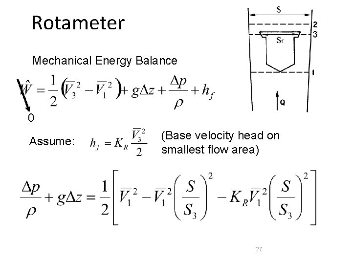 Rotameter Mechanical Energy Balance 0 Assume: (Base velocity head on smallest flow area) 27 Rotameter Mechanical Energy Balance 0 Assume: (Base velocity head on smallest flow area) 27