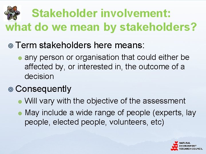 Stakeholder involvement: what do we mean by stakeholders? ¥ Term ¥ stakeholders here means: