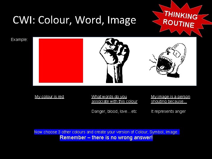THINKIN G ROUTINE CWI: Colour, Word, Image Example: My colour is red What words