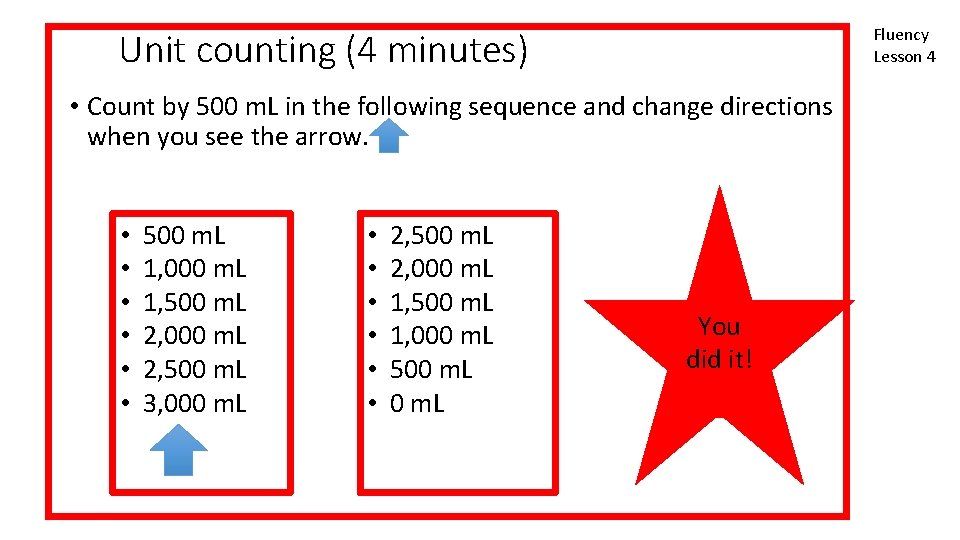 Fluency Lesson 4 Unit counting (4 minutes) • Count by 500 m. L in