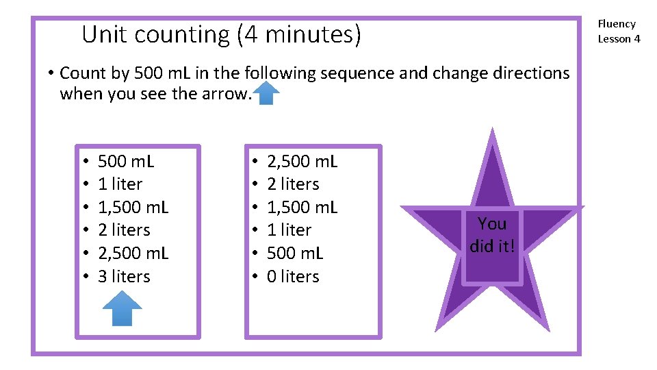 Fluency Lesson 4 Unit counting (4 minutes) • Count by 500 m. L in