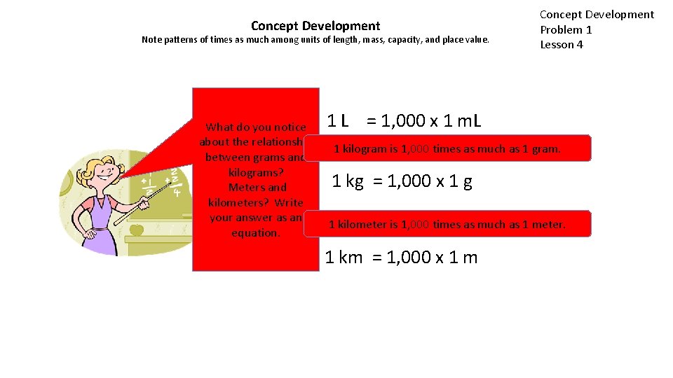 Concept Development Note patterns of times as much among units of length, mass, capacity,