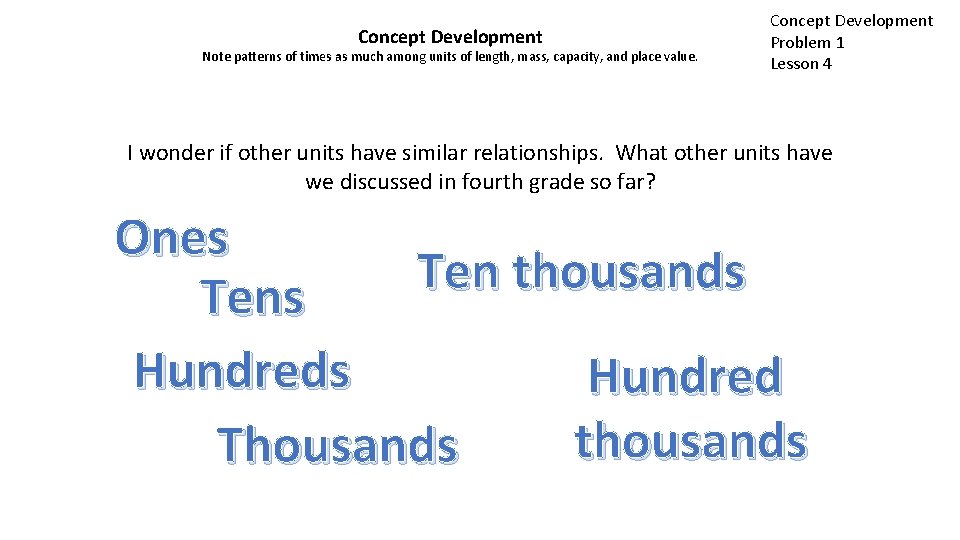 Concept Development Note patterns of times as much among units of length, mass, capacity,