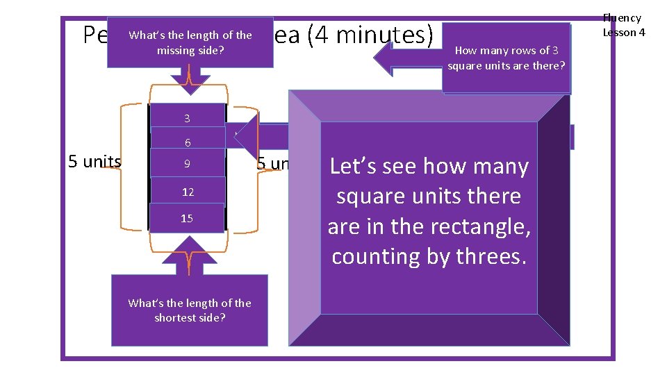 What’s 3 theunits length of the. Area (4 minutes) Perimeter and missing side? 5