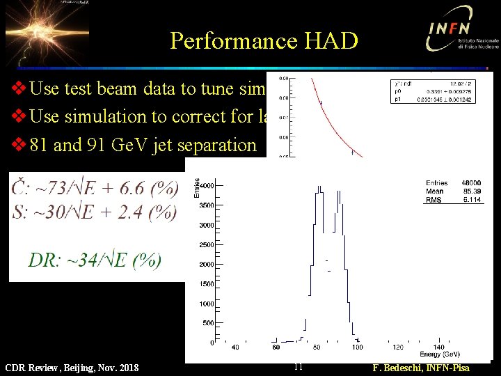 Performance HAD v Use test beam data to tune simulation v Use simulation to
