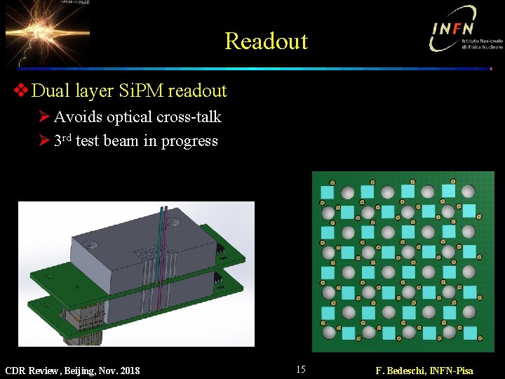 Readout v Dual layer Si. PM readout Ø Avoids optical cross-talk Ø 3 rd