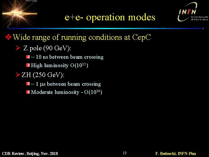 e+e- operation modes v Wide range of running conditions at Cep. C Ø Z