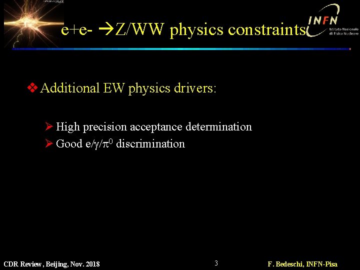 e+e- Z/WW physics constraints v Additional EW physics drivers: Ø High precision acceptance determination