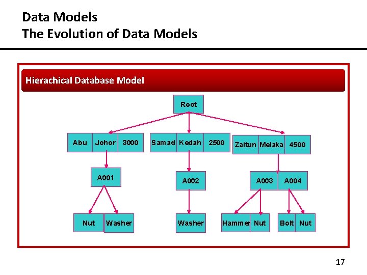 Data Models The Evolution of Data Models Hierachical Database Model Root Abu Johor 3000