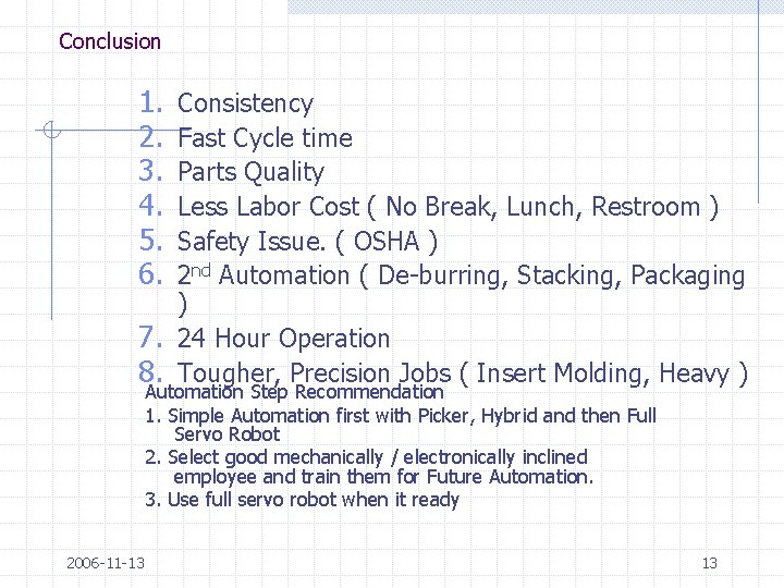 Conclusion 1. 2. 3. 4. 5. 6. Consistency Fast Cycle time Parts Quality Less