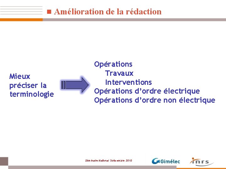 n Amélioration de la rédaction Mieux préciser la terminologie Opérations Travaux Interventions Opérations d’ordre