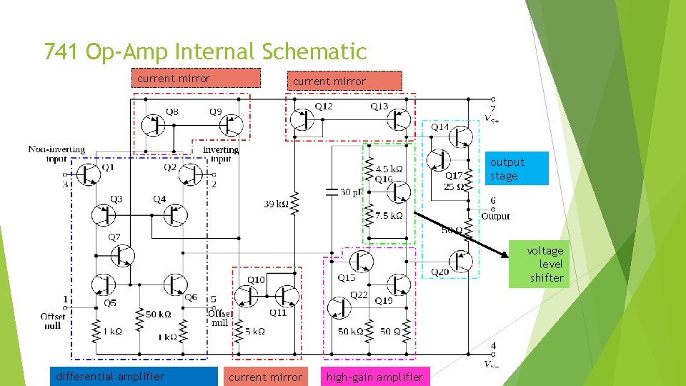 741 Op-Amp Internal Schematic current mirror output stage voltage level shifter differential amplifier current