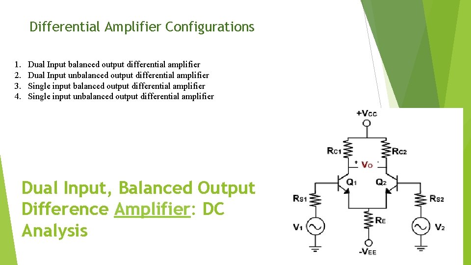 Differential Amplifier Configurations 1. 2. 3. 4. Dual Input balanced output differential amplifier Dual