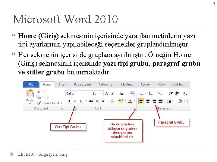 9 Microsoft Word 2010 Home (Giriş) sekmesinin içerisinde yaratılan metinlerin yazı tipi ayarlarının yapılabileceği