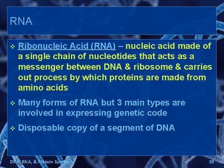 RNA v Ribonucleic Acid (RNA) – nucleic acid made of a single chain of