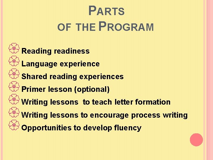 PARTS OF THE PROGRAM Reading readiness Language experience Shared reading experiences Primer lesson (optional)