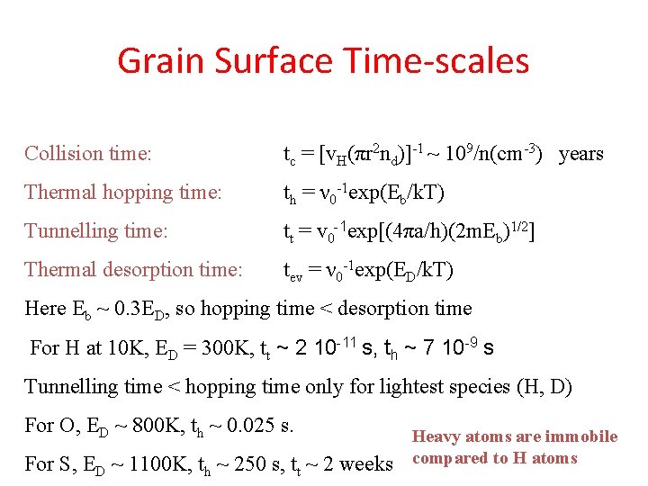Grain Surface Time-scales Collision time: tc = [v. H(πr 2 nd)]-1 ~ 109/n(cm-3) years