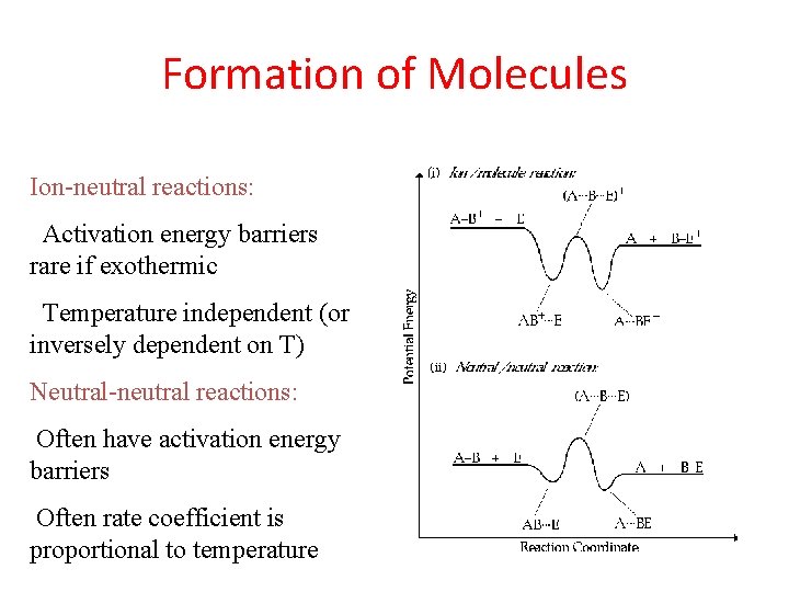 Formation of Molecules Ion-neutral reactions: Activation energy barriers rare if exothermic Temperature independent (or