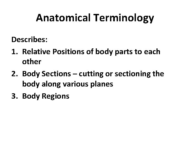 Anatomical Terminology Describes: 1. Relative Positions of body parts to each other 2. Body