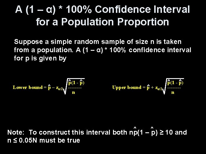 A (1 – α) * 100% Confidence Interval for a Population Proportion Suppose a