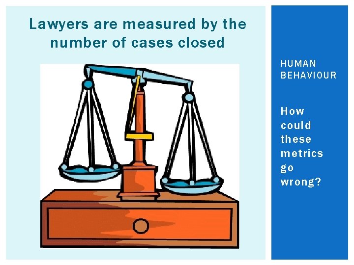 Lawyers are measured by the number of cases closed HUMAN BEHAVIOUR How could these