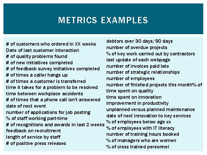 METRICS EXAMPLES # of customers who ordered in XX weeks Date of last customer